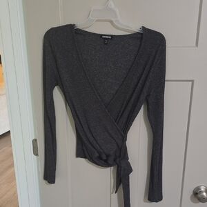 Express Gray Long Sleeve Wrap Blouse